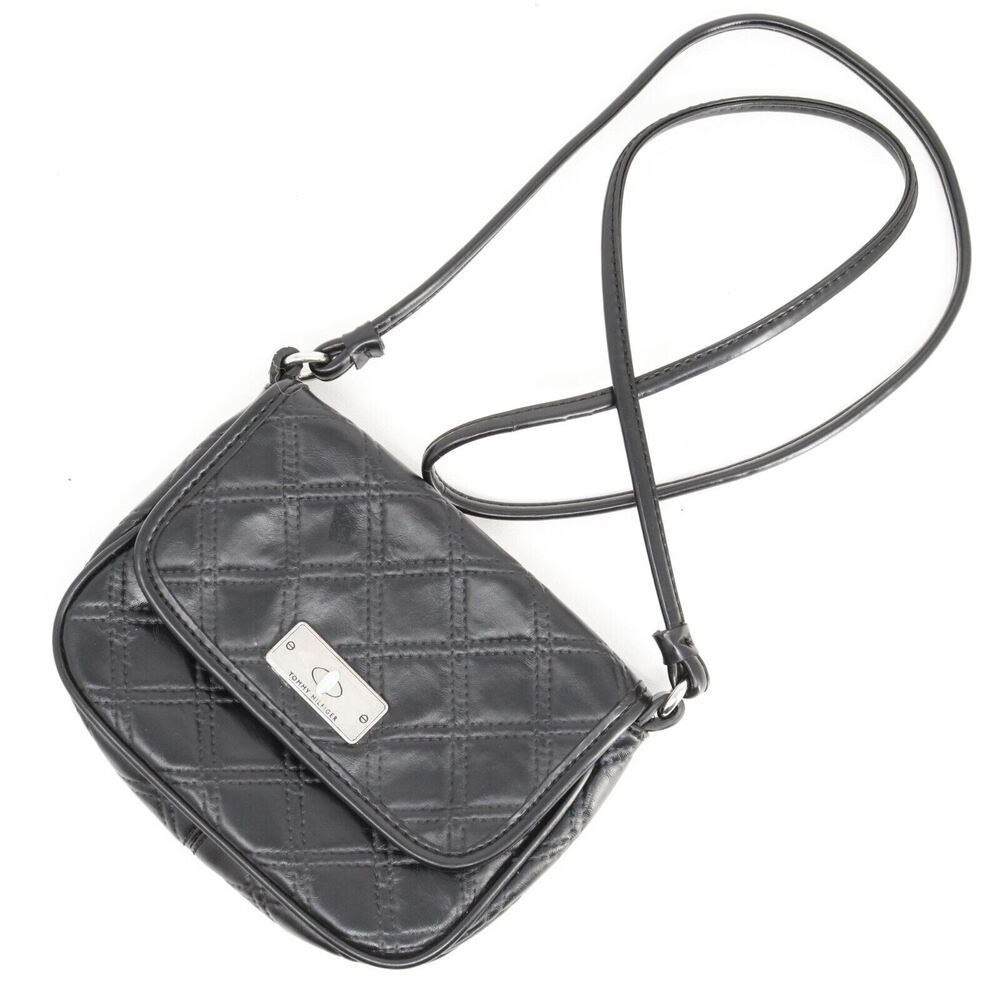 Tommy Hilfiger Crossbody Handbag Women Black Argyle Quilted Purse Shoulder Bag